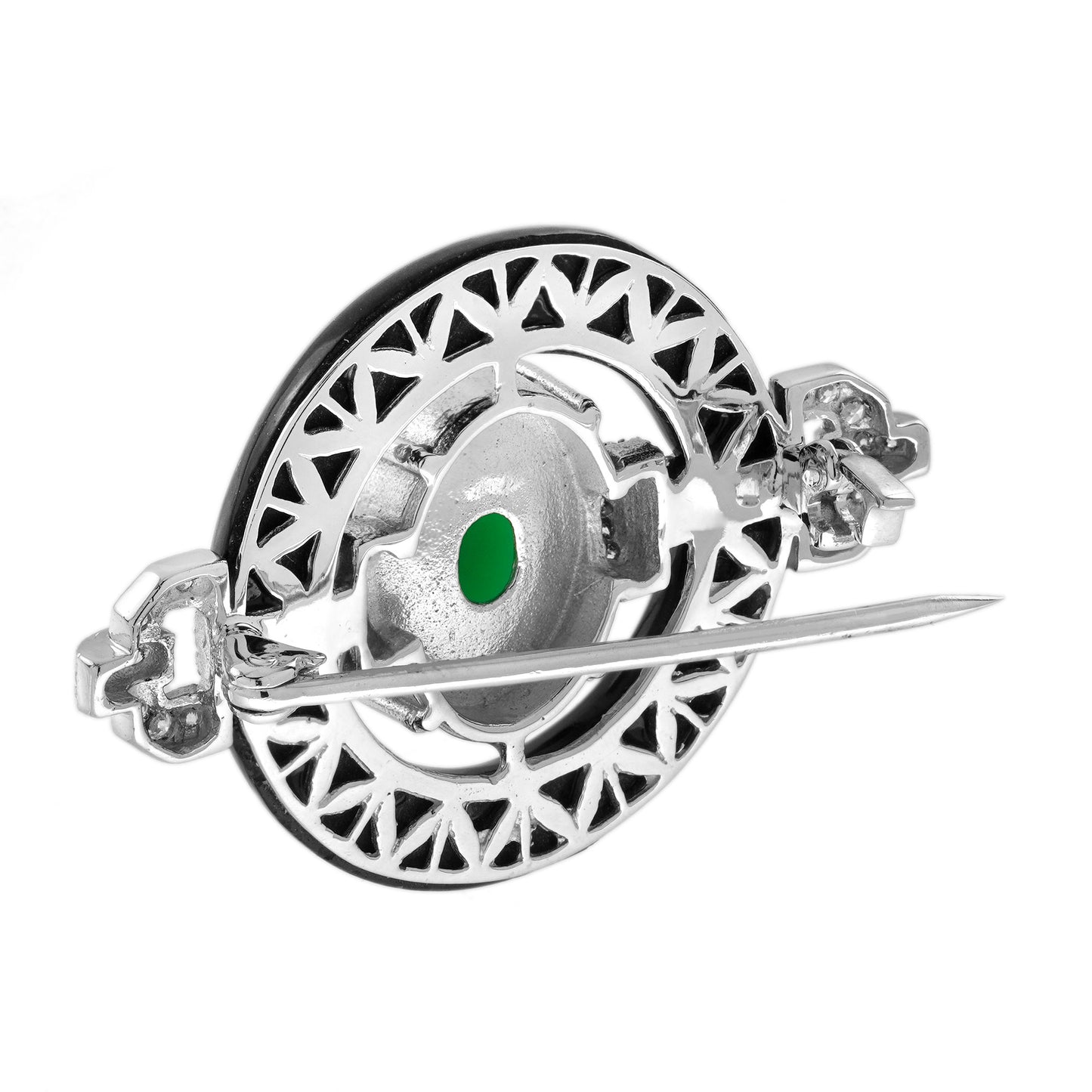 oval shape green agate & black onyx diamond art deco style white gold pin brooch