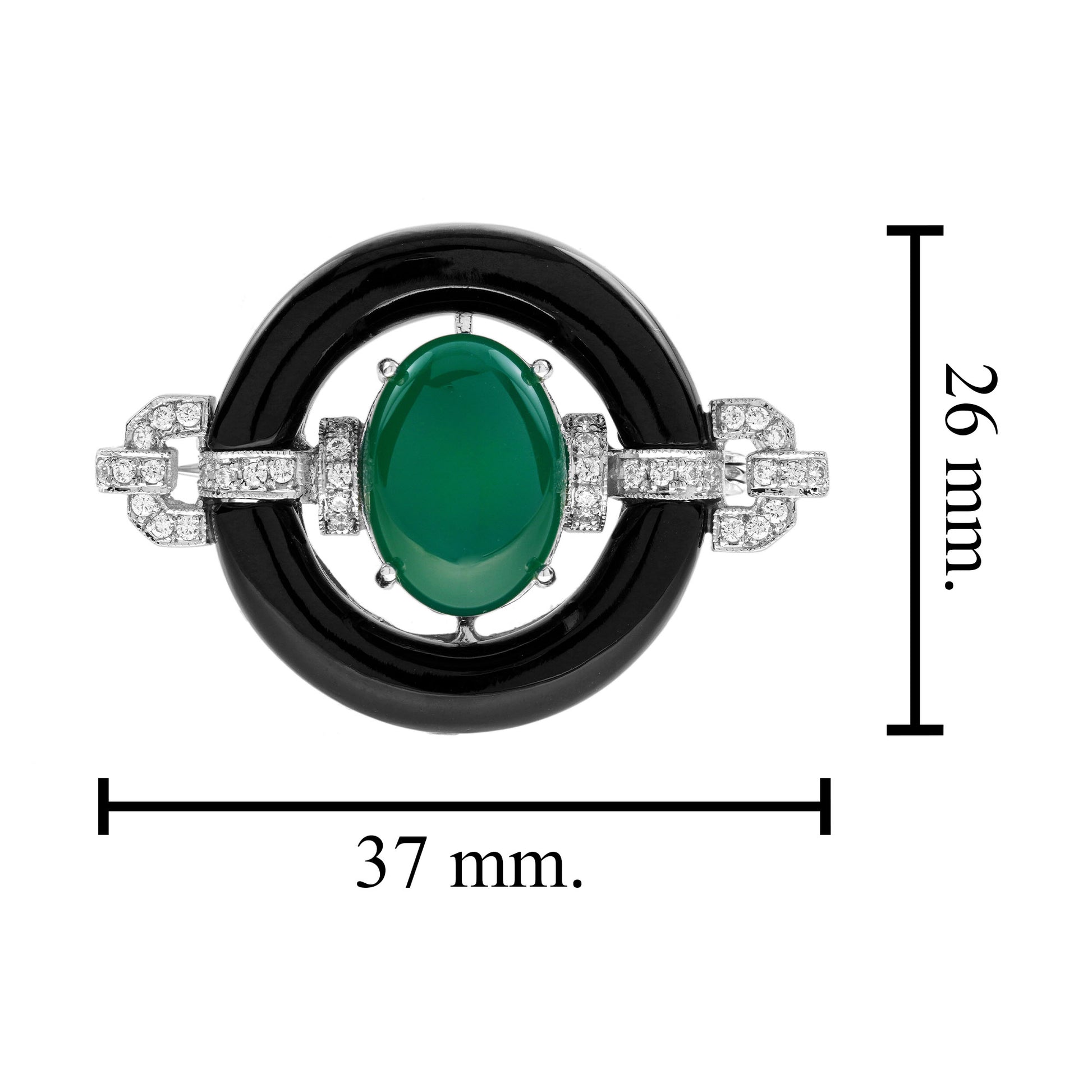 Oval Shape Green Agate & Black Onyx Diamond Art Deco Style White Gold Pin Brooch