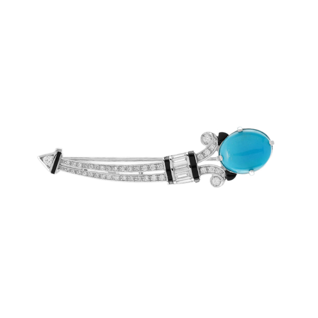 Teal Blue Turquoise Diamond Onyx Art Deco Style 14K White Gold Pin Brooch