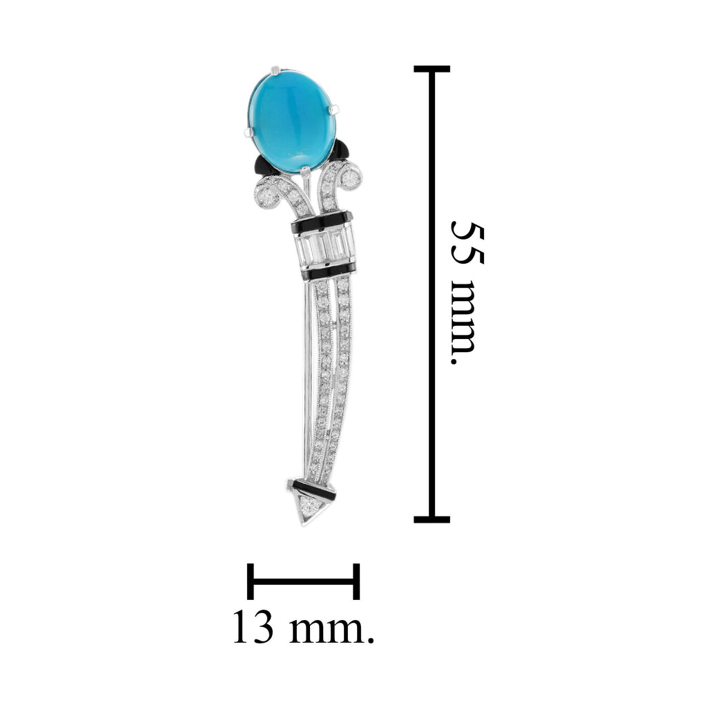 Teal Blue Turquoise Diamond Onyx Art Deco Style 14K White Gold Pin Brooch