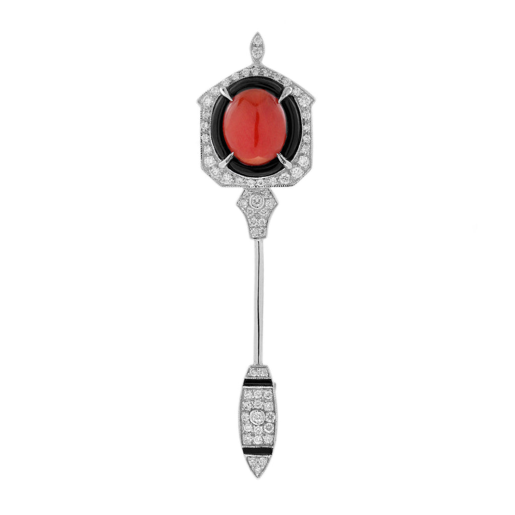 6.85 ctw Art Deco Style Coral, Diamond & Onyx 14K White Gold Arrow Brooch