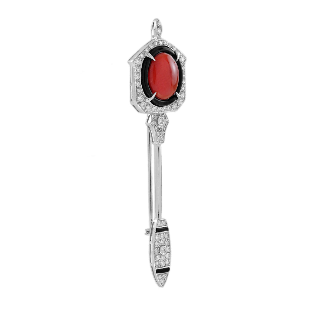 Coral Onyx Diamond Art Deco Style Arrow 14K White Gold Pin Brooch