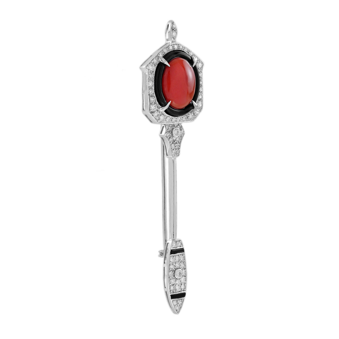 Coral Onyx Diamond Art Deco Style Arrow 14K White Gold Pin Brooch