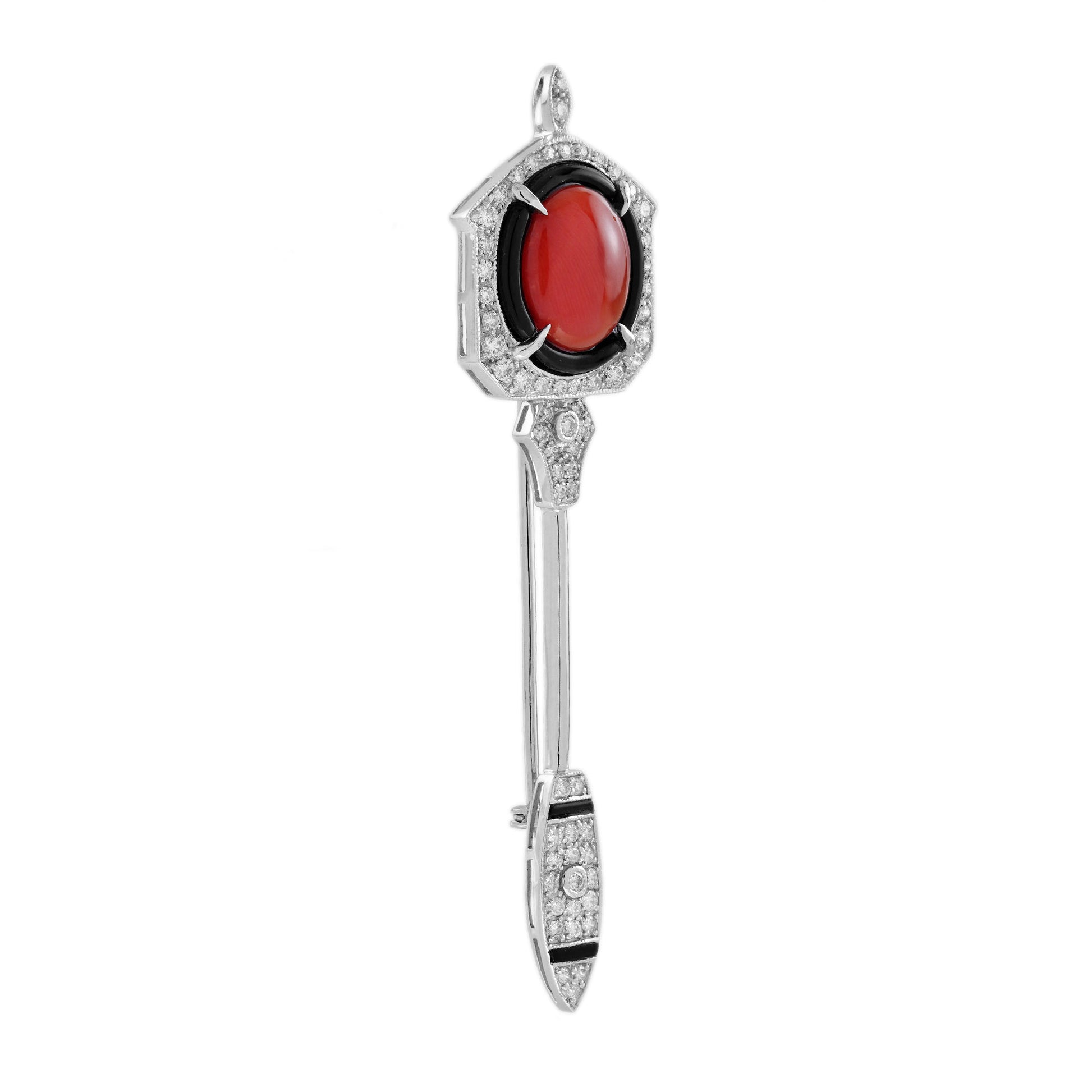 Coral Onyx Diamond Art Deco Style Arrow 14K White Gold Pin Brooch