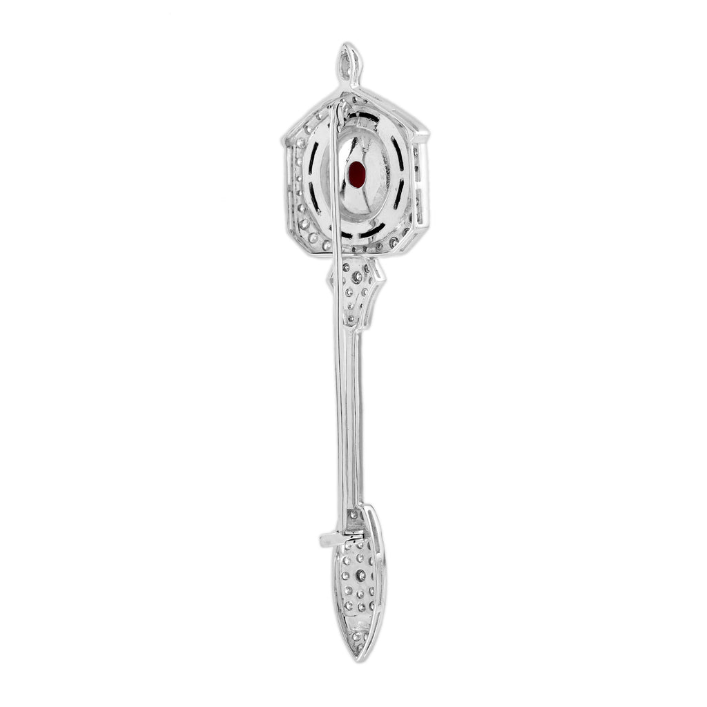 6.85 ctw Art Deco Style Coral, Diamond & Onyx 14K White Gold Arrow Brooch
