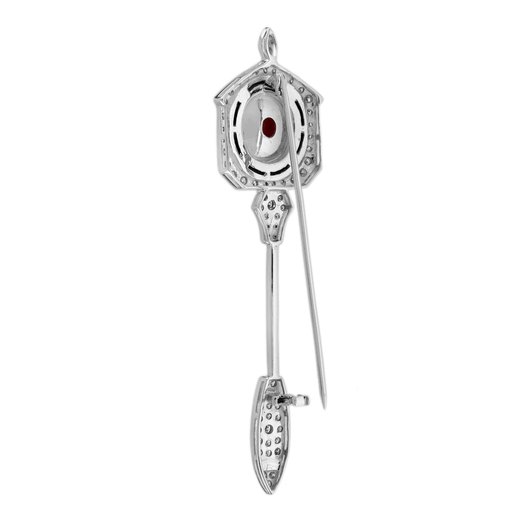 6.85 ctw Art Deco Style Coral, Diamond & Onyx 14K White Gold Arrow Brooch