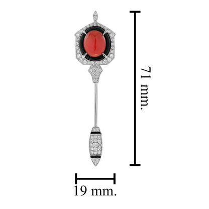 Coral Onyx Diamond Art Deco Style Arrow 14K White Gold Pin Brooch