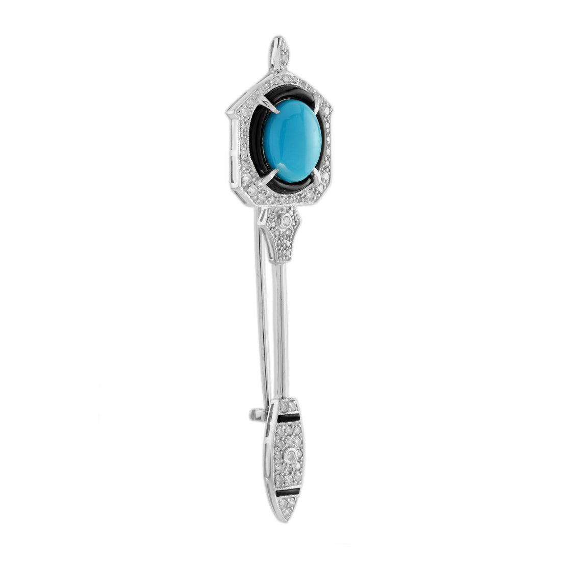Teal Blue Turquoise Diamond Onyx Art Deco Inspired Style White Gold Brooch Pin