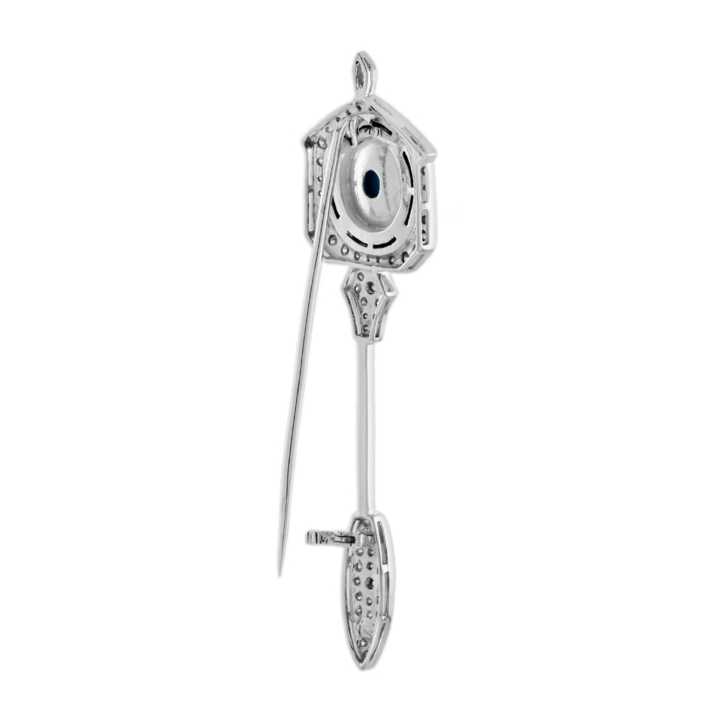 Teal Blue Turquoise Diamond Onyx Art Deco Inspired Style White Gold Brooch Pin