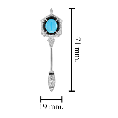 Teal Blue Turquoise Diamond Onyx Art Deco Inspired Style White Gold Brooch Pin