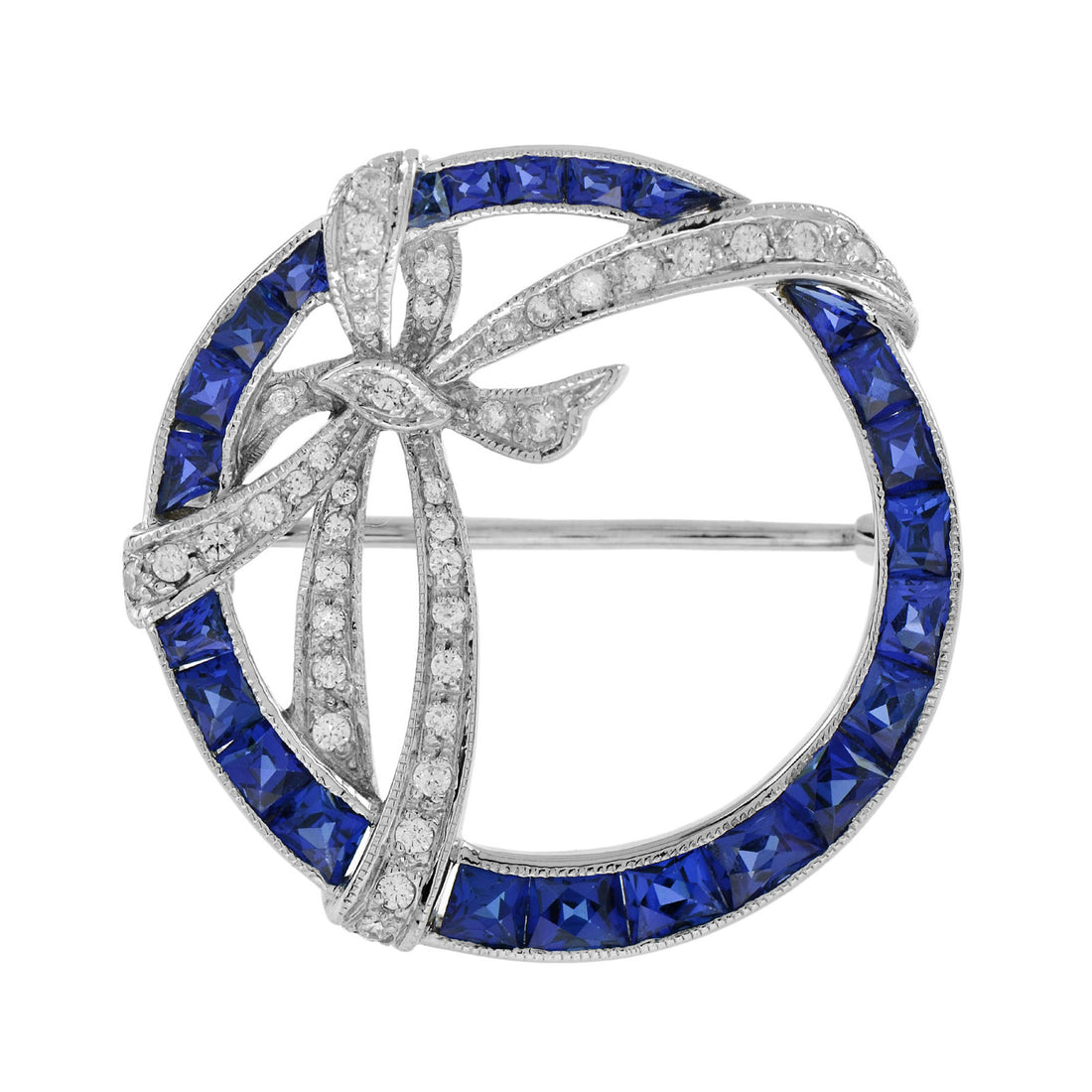 Art Deco Style Circle with Ribbon Bow Halo Blue Sapphire & Diamond Pin Brooch