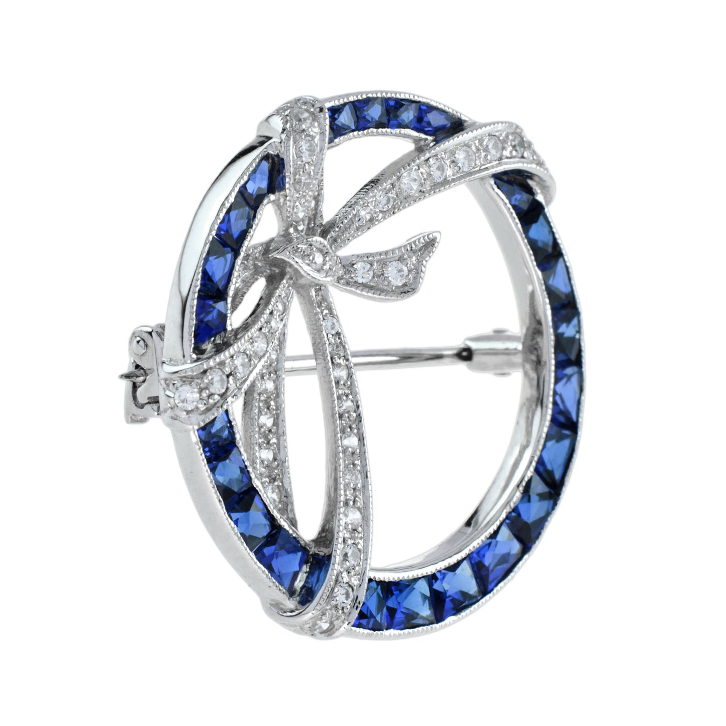 art deco style circle with ribbon bow halo blue sapphire & diamond pin brooch