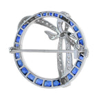 Art Deco Style Circle with Ribbon Bow Halo Blue Sapphire & Diamond Pin Brooch