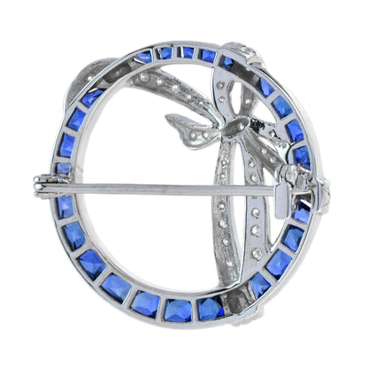 Art Deco Style Circle with Ribbon Bow Halo Blue Sapphire & Diamond Pin Brooch