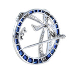 Art Deco Style Circle with Ribbon Bow Halo Blue Sapphire & Diamond Pin Brooch