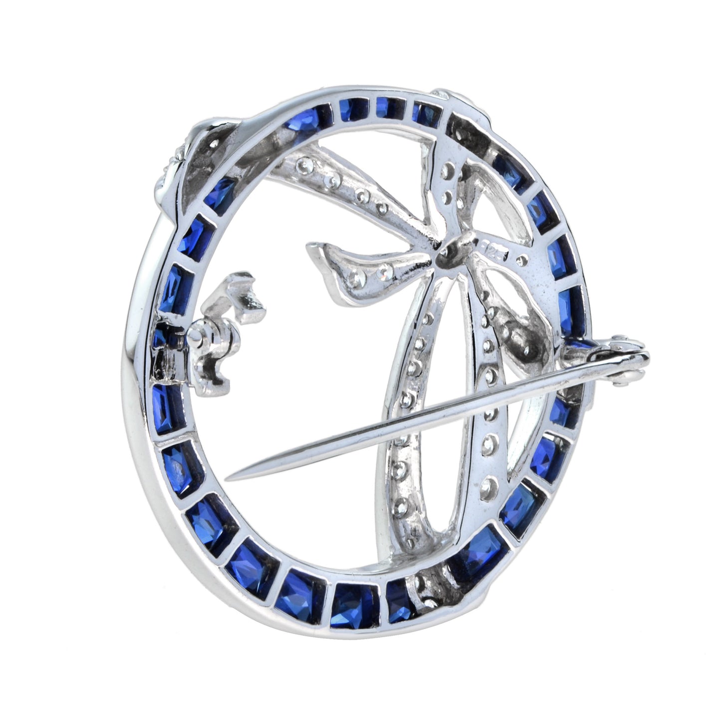 art deco style circle with ribbon bow halo blue sapphire & diamond pin brooch