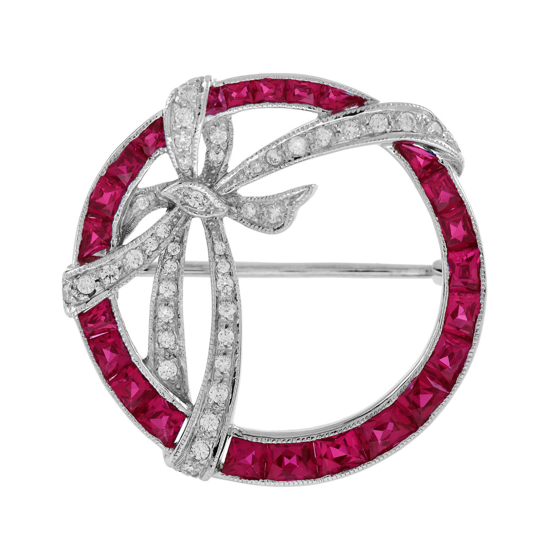 Diamond & Red Pink Ruby Edwardian Style Circle Ribbon White Gold Pin Brooch
