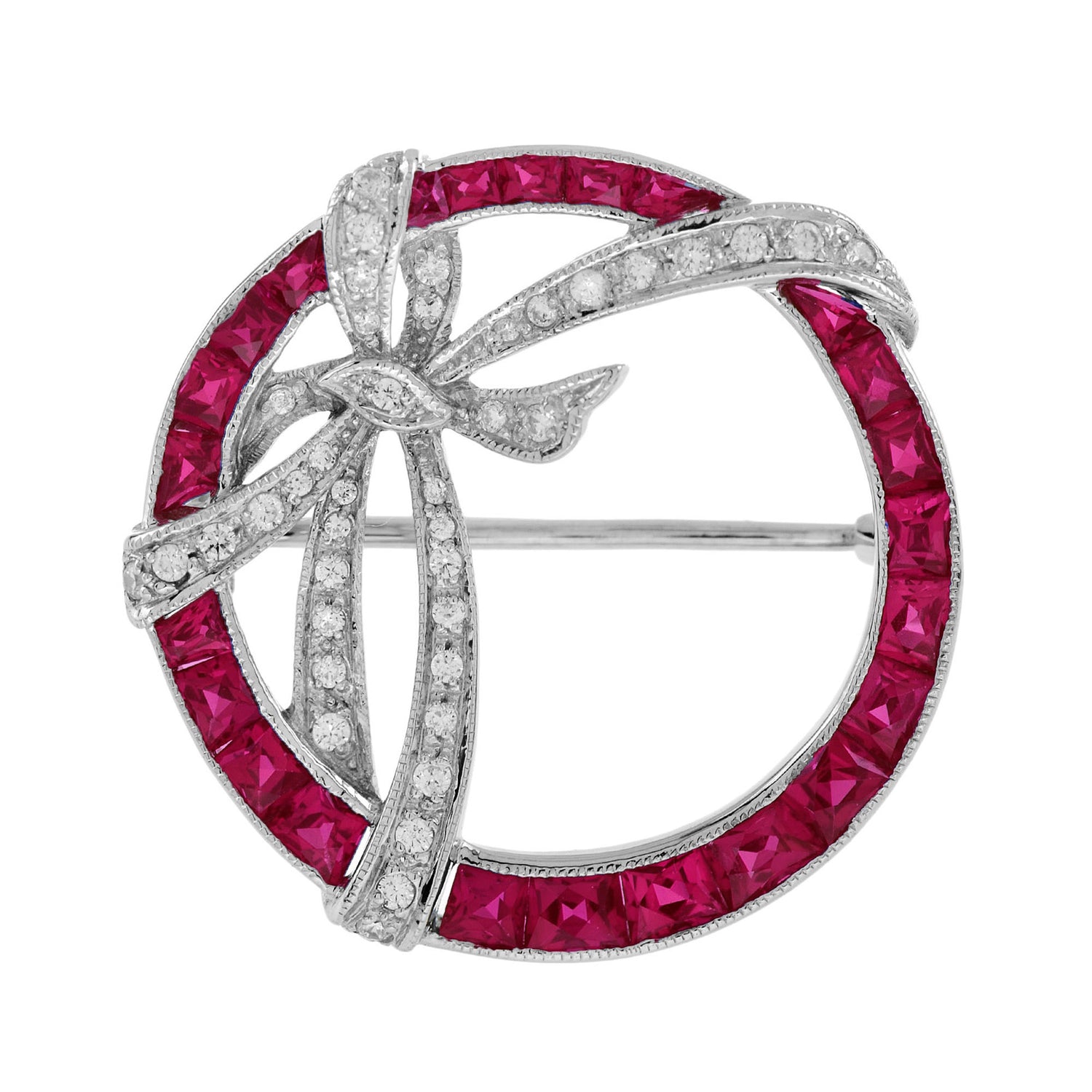 Diamond &amp; Red Pink Ruby Edwardian Style Circle Ribbon White Gold Pin Brooch
