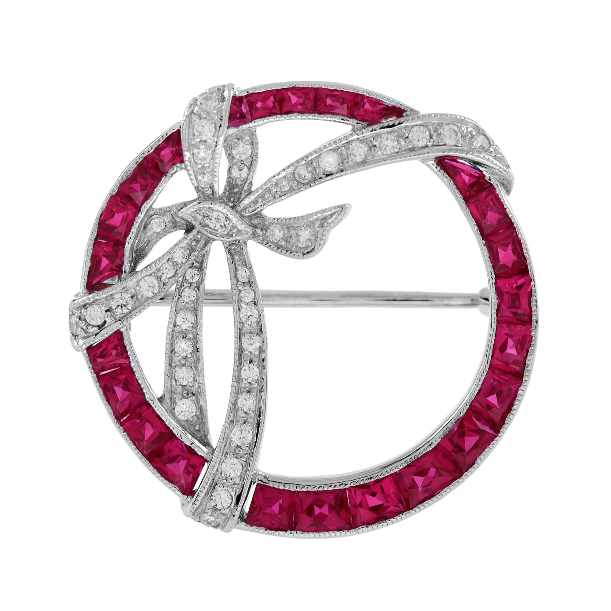 Diamond &amp; Red Pink Ruby Edwardian Style Circle Ribbon White Gold Pin Brooch