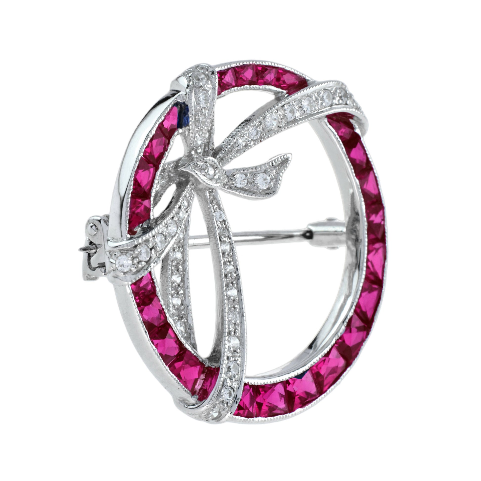 Diamond & Red Pink Ruby Edwardian Style Circle Ribbon White Gold Pin Brooch