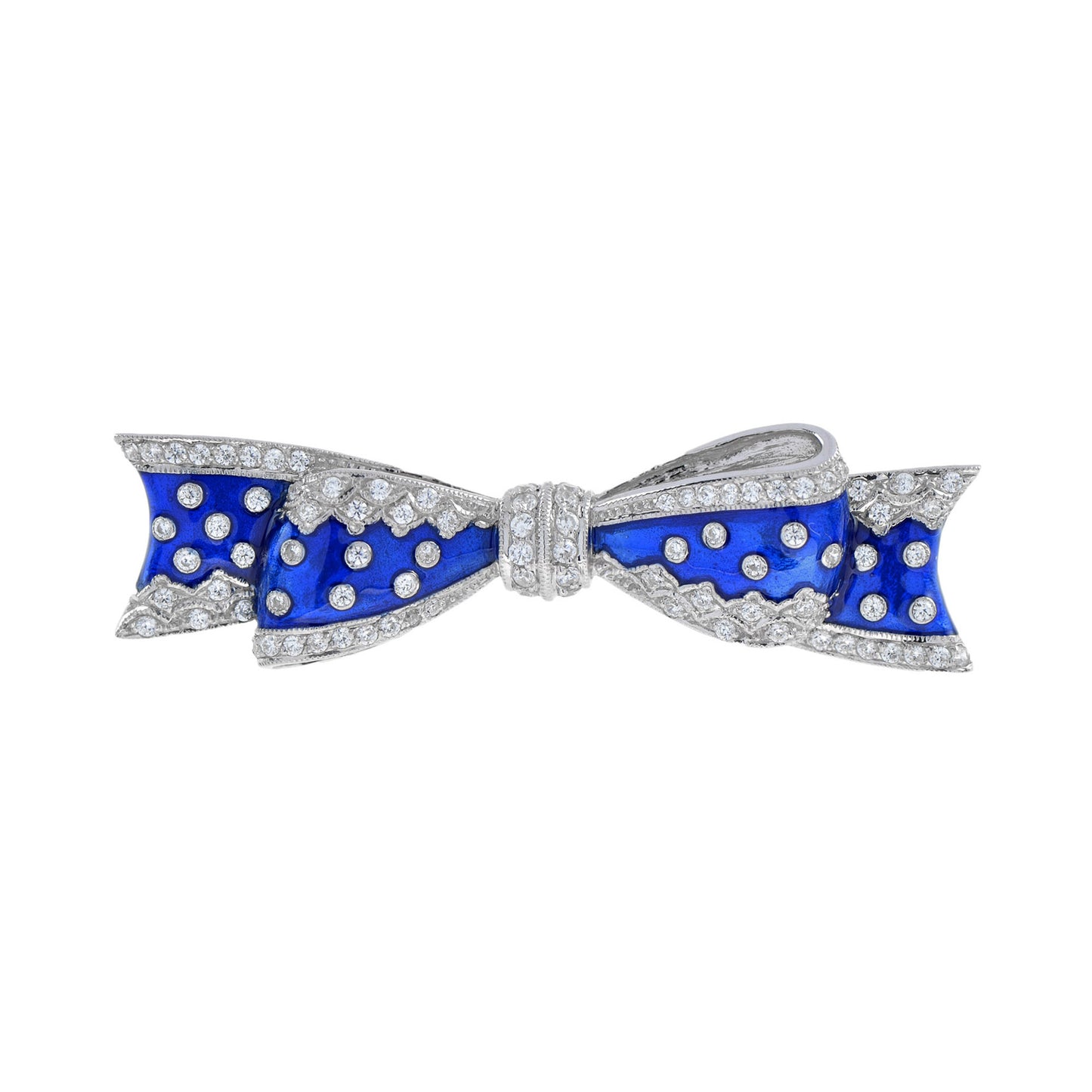 vintage style diamond & blue enamel ribbon bow 14k white gold pin brooch