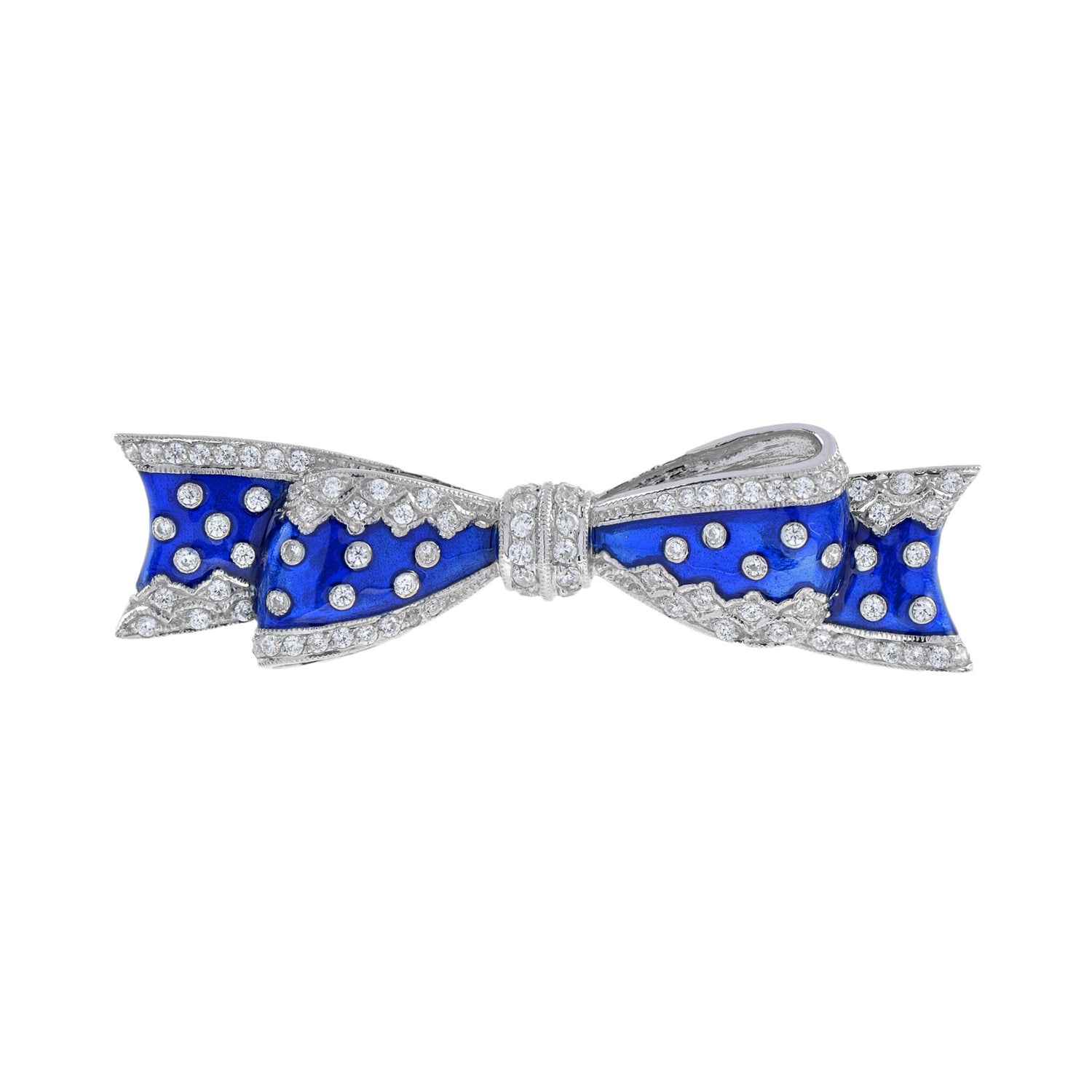 Vintage Style Diamond &amp; Blue Enamel Ribbon Bow 14K White Gold Pin Brooch