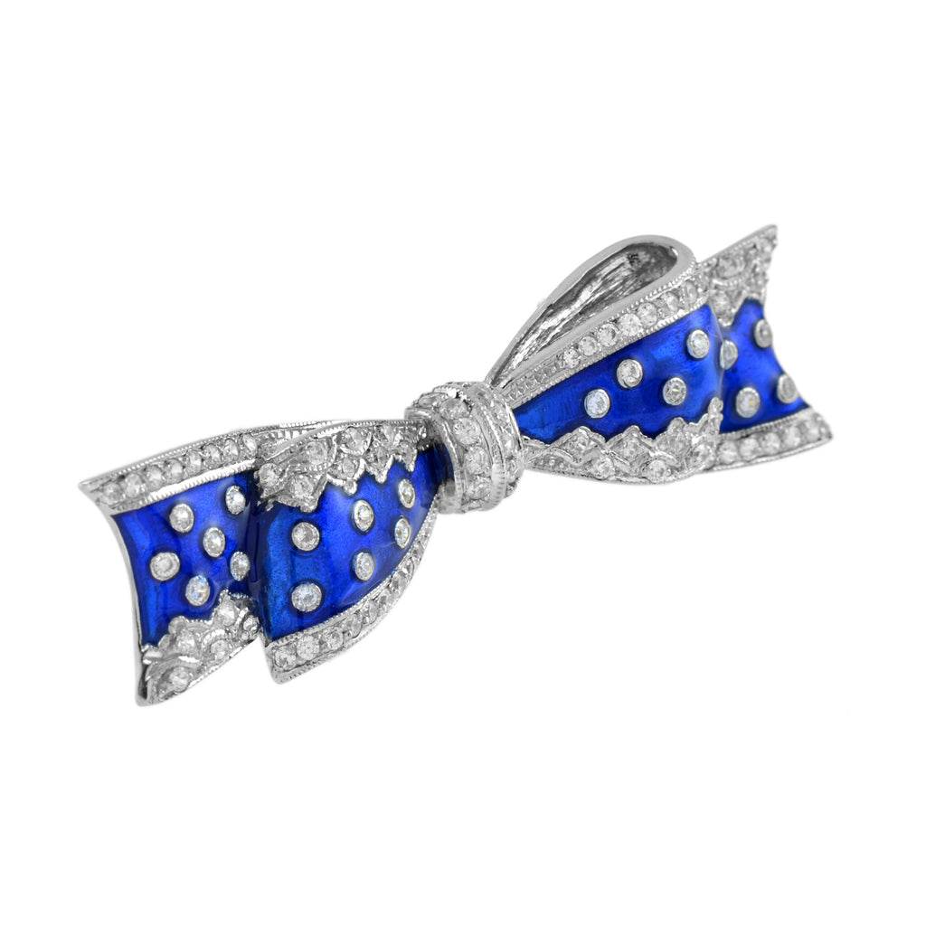 Vintage Style Diamond & Blue Enamel Ribbon Bow 14K White Gold Pin Brooch