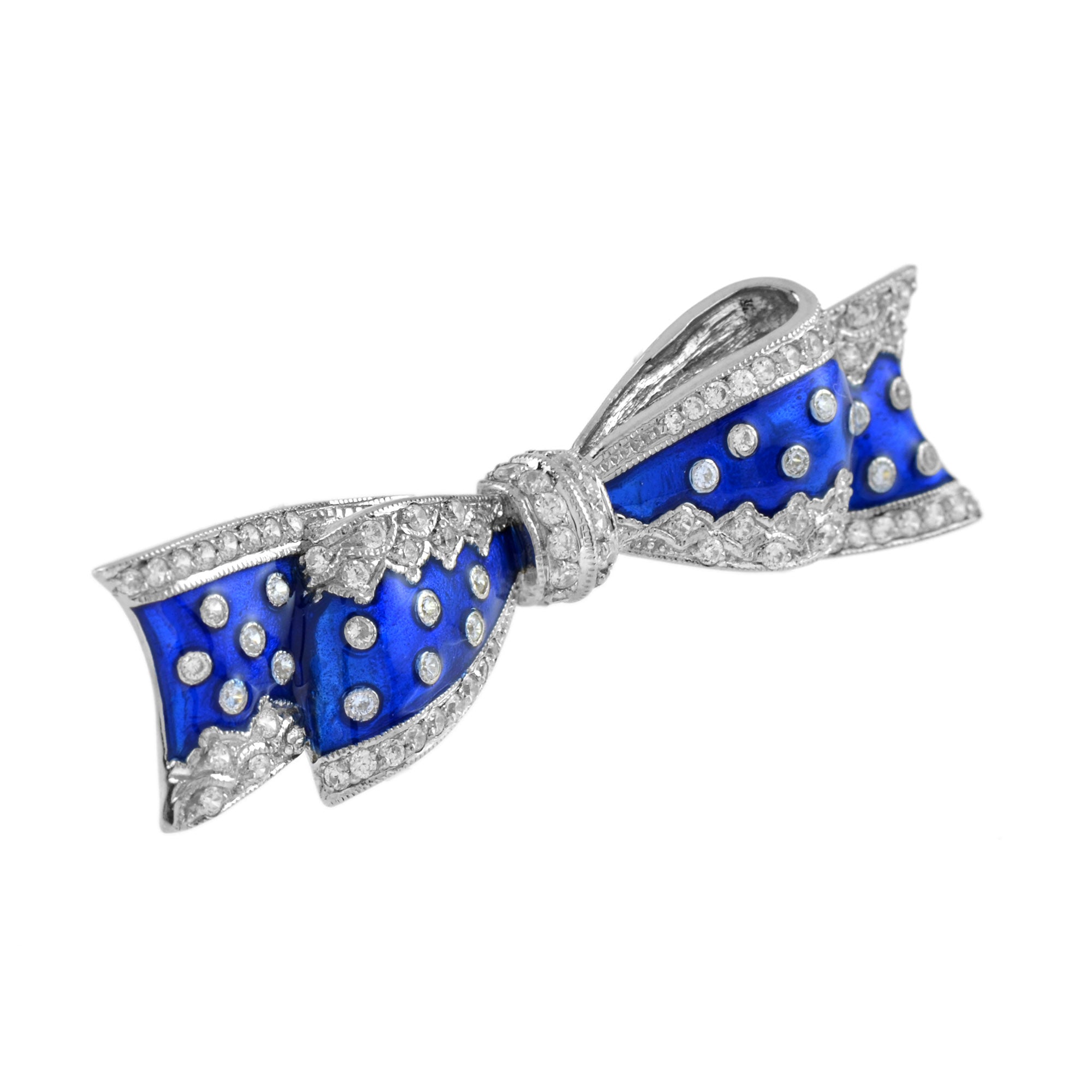 Vintage Style Diamond &amp; Blue Enamel Ribbon Bow 14K White Gold Pin Brooch