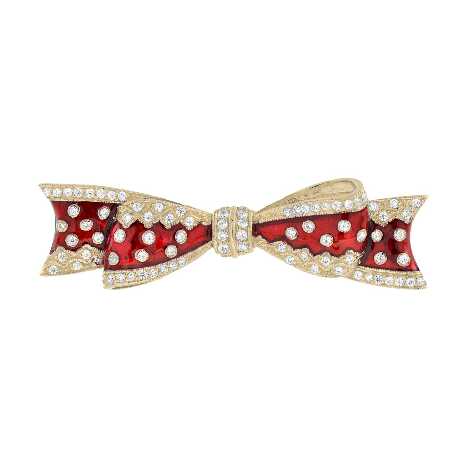 Vintage Style Diamond &amp; Red Enamel Ribbon Bow 14K Yellow Gold Pin Brooch