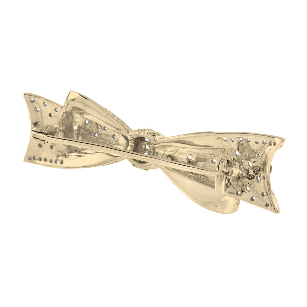 Vintage Style Diamond & Red Enamel Ribbon Bow 14K Yellow Gold Pin Brooch