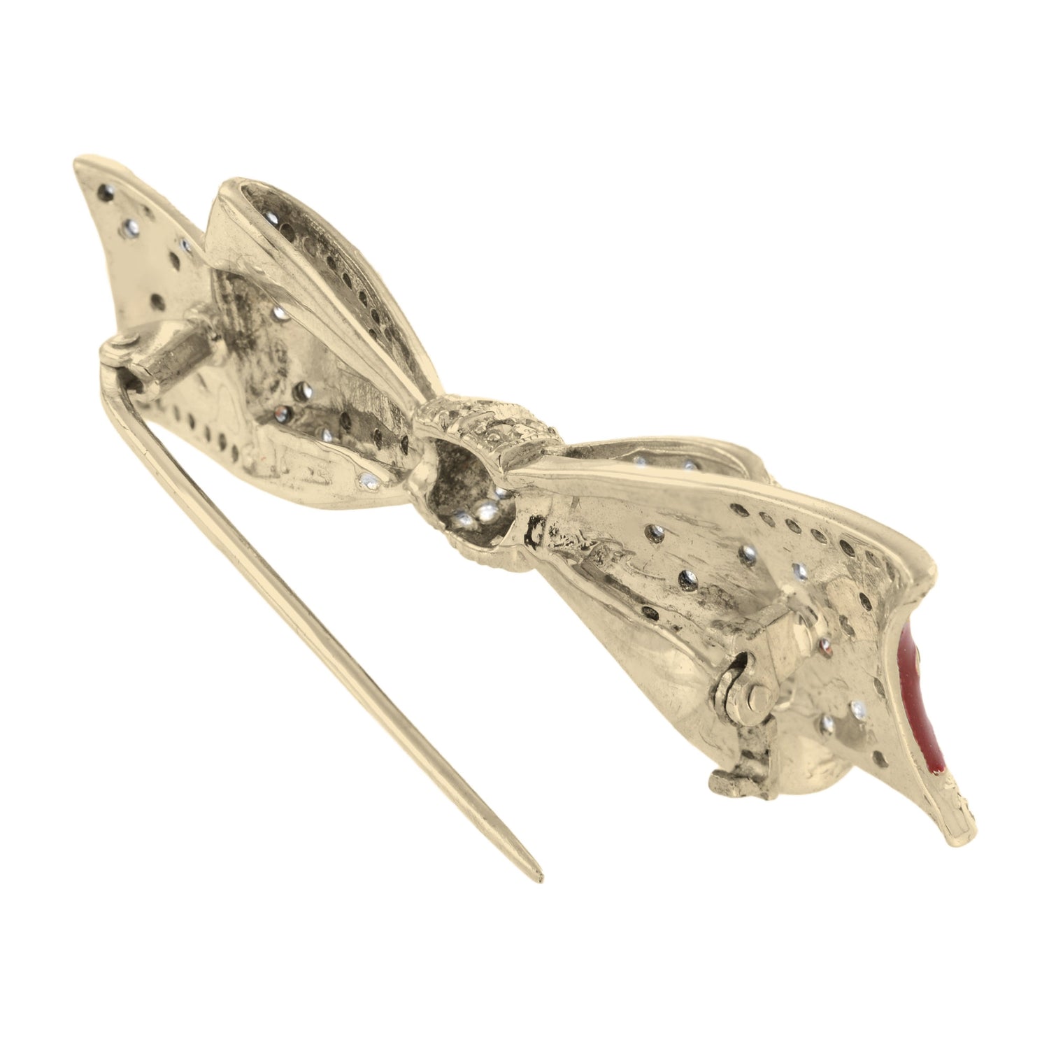 Vintage Style Diamond &amp; Red Enamel Ribbon Bow 14K Yellow Gold Pin Brooch