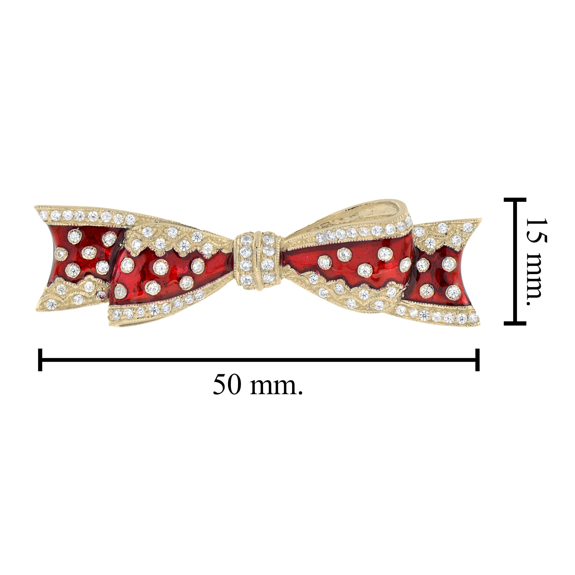 Vintage Style Diamond &amp; Red Enamel Ribbon Bow 14K Yellow Gold Pin Brooch