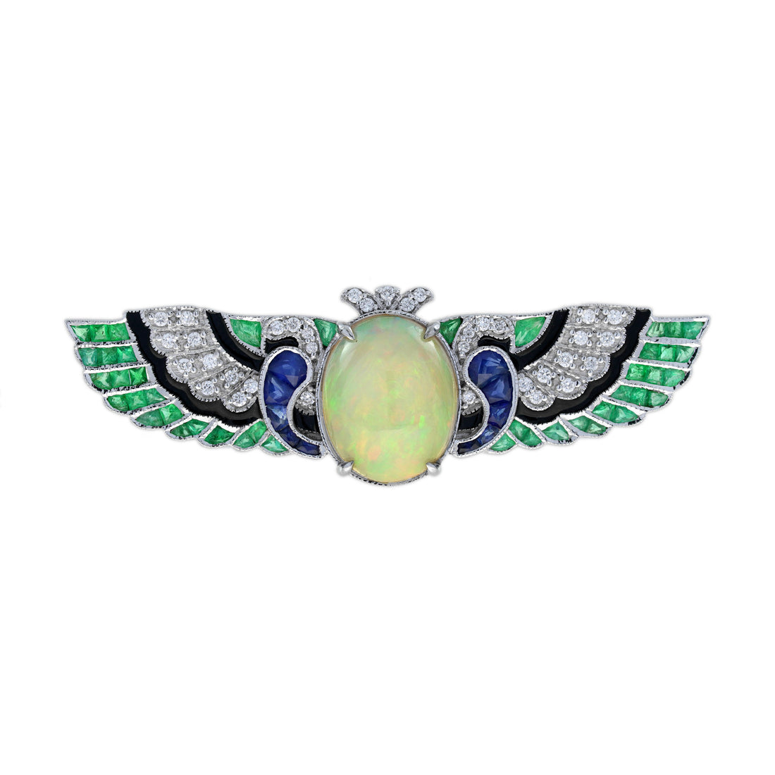Oval Opal & Multi Gemstone Antique Style Angel Wings 18K White Gold Pin Brooch