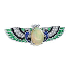 Oval Opal & Multi Gemstone Antique Style Angel Wings 18K White Gold Pin Brooch