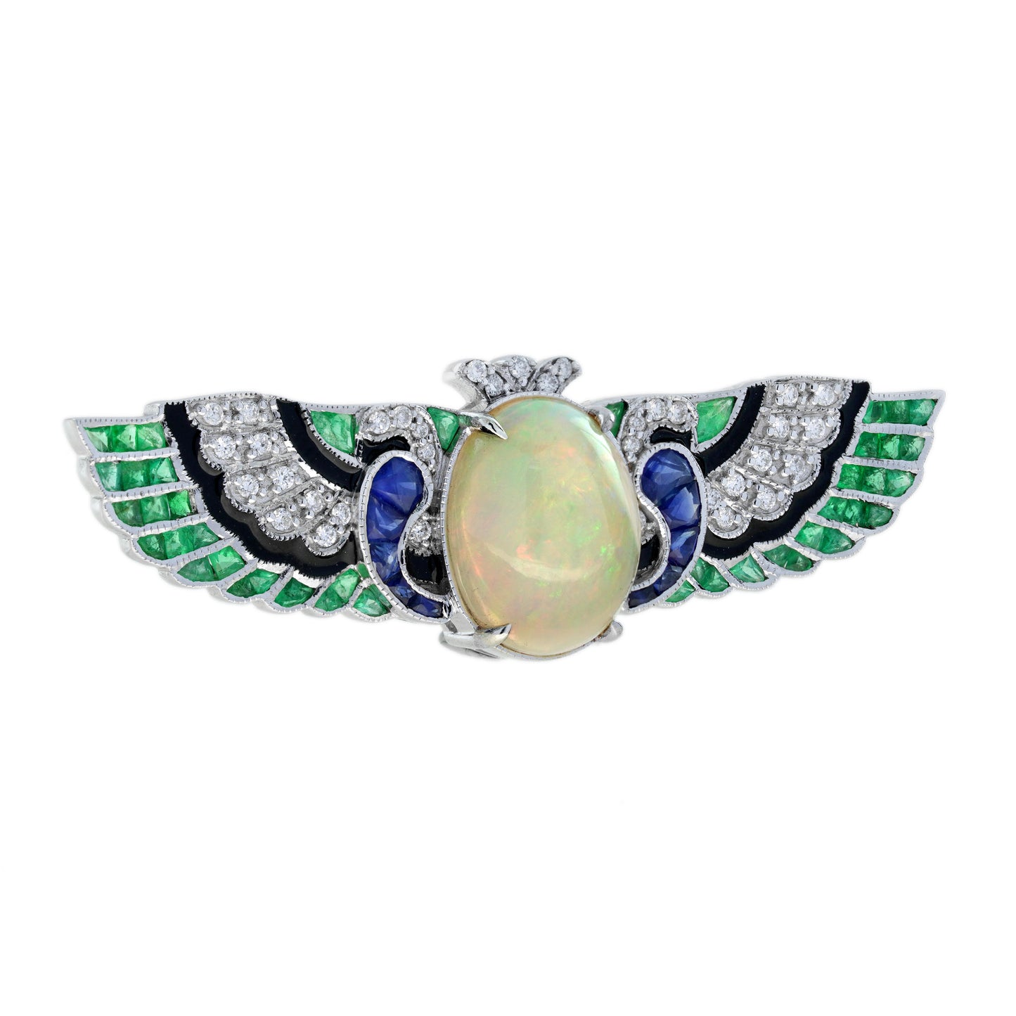 oval opal & multi gemstone antique style angel wings 18k white gold pin brooch