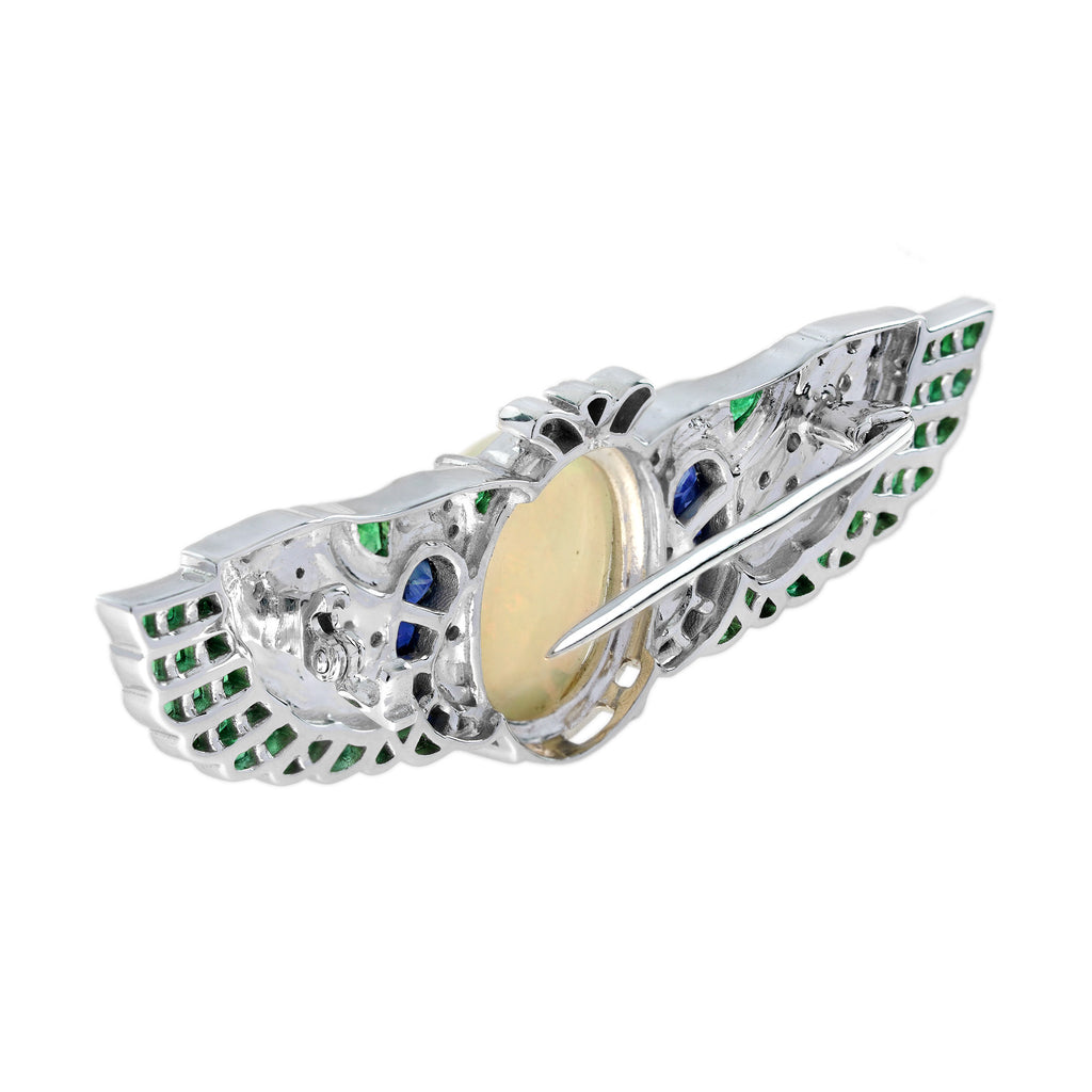 Oval Opal & Multi Gemstone Antique Style Angel Wings 18K White Gold Pin Brooch