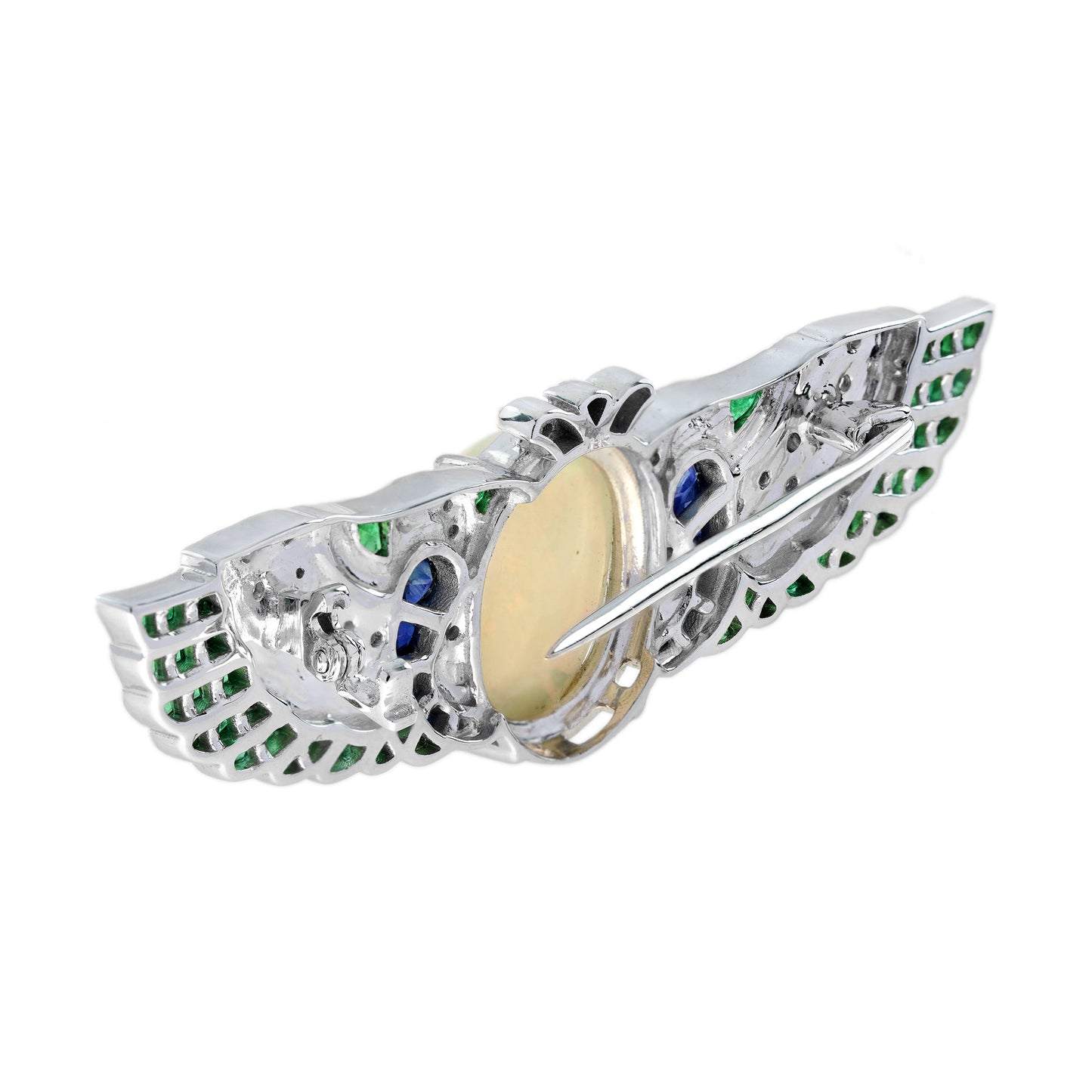 oval opal & multi gemstone antique style angel wings 18k white gold pin brooch