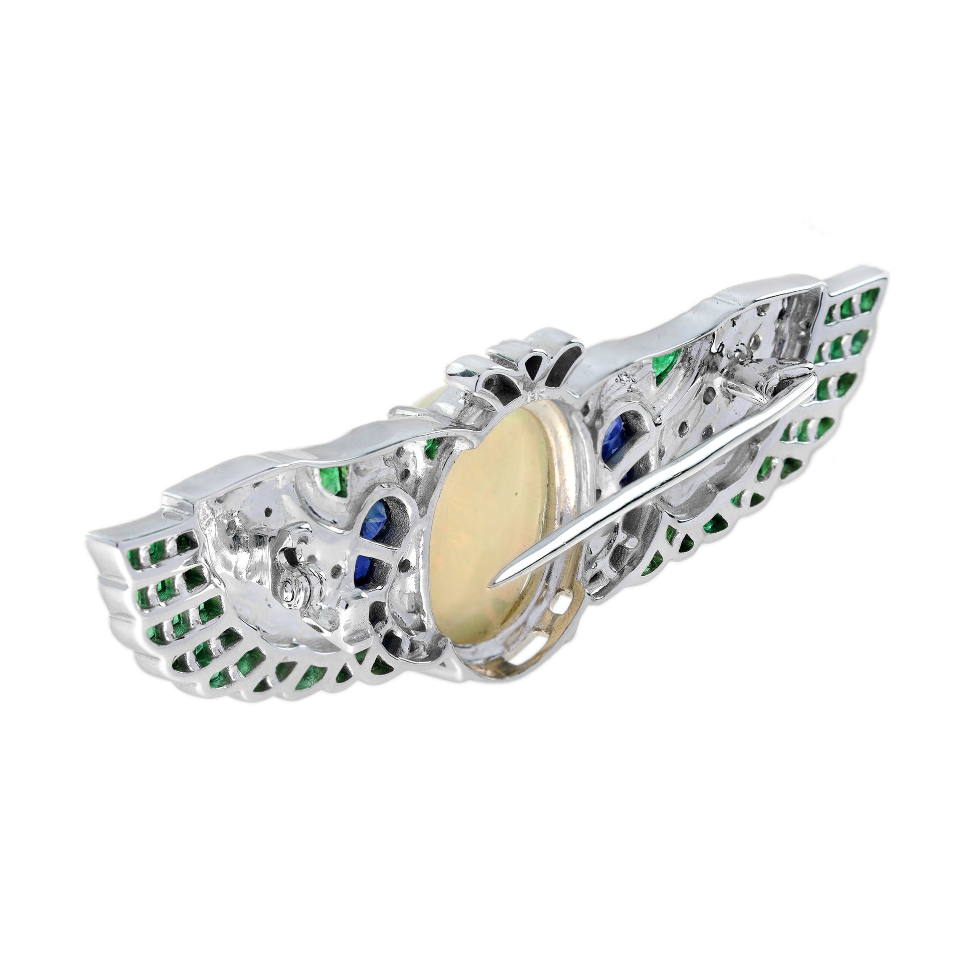 Oval Opal & Multi Gemstone Antique Style Angel Wings 18K White Gold Pin Brooch