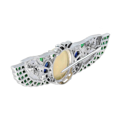 Oval Opal & Multi Gemstone Antique Style Angel Wings 18K White Gold Pin Brooch