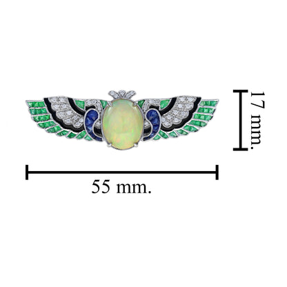 Oval Opal & Multi Gemstone Antique Style Angel Wings 18K White Gold Pin Brooch