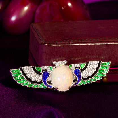 Oval Opal & Multi Gemstone Antique Style Angel Wings 18K White Gold Pin Brooch