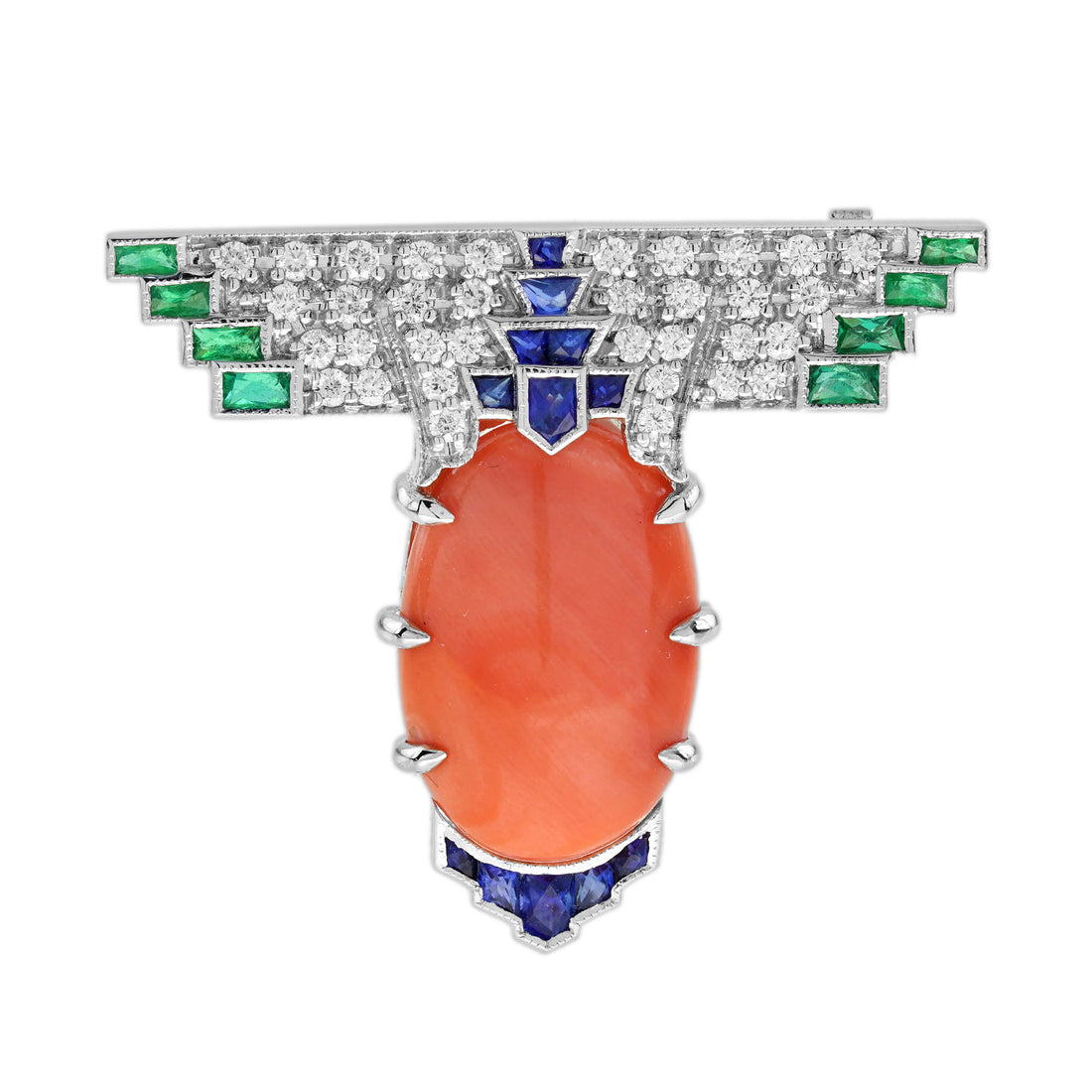 13.91 Ct. Coral Sapphire Emerald Diamond Art Deco Style White Gold Brooch