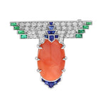 13.91 Ct. Coral Sapphire Emerald Diamond Art Deco Style White Gold Brooch