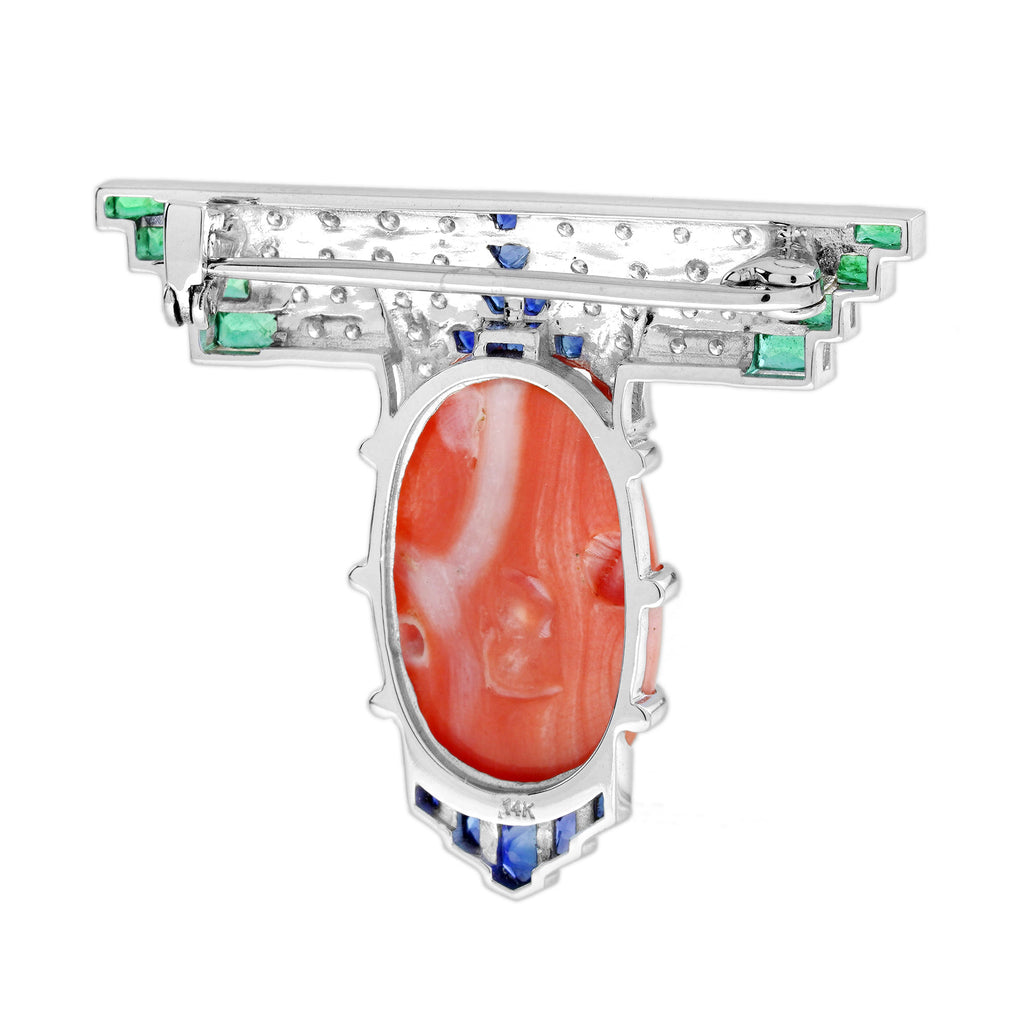 13.91 Ct. Coral Sapphire Emerald Diamond Art Deco Style White Gold Brooch