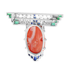 13.91 Ct. Coral Sapphire Emerald Diamond Art Deco Style White Gold Brooch
