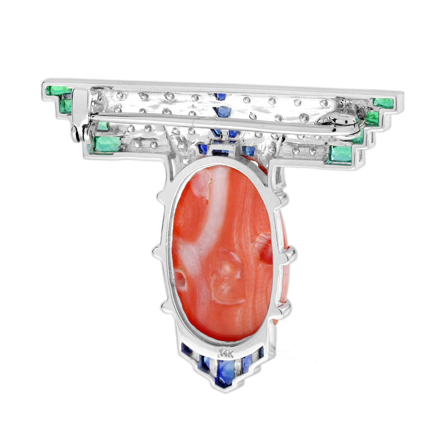 13.91 ct. coral sapphire emerald diamond art deco style white gold brooch