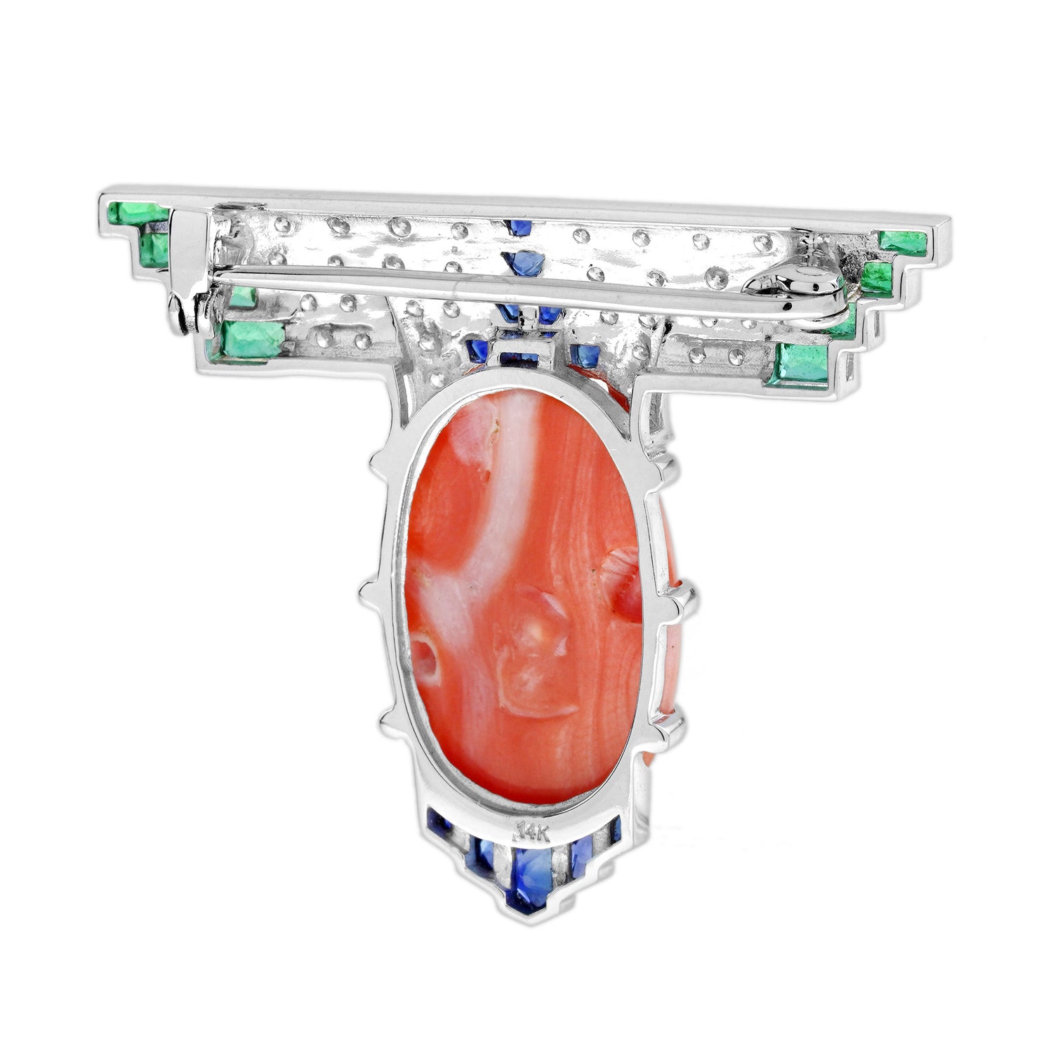 13.91 Ct. Coral Sapphire Emerald Diamond Art Deco Style White Gold Brooch