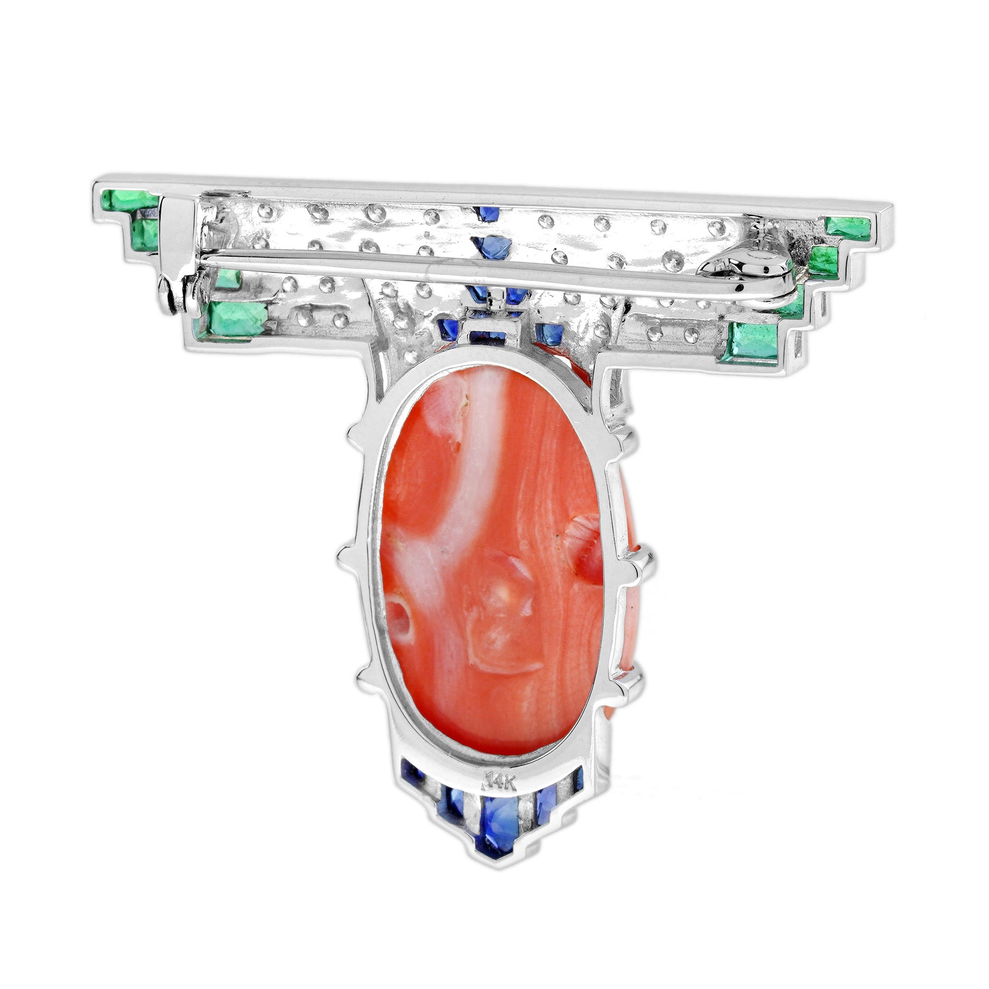 13.91 Ct. Coral Sapphire Emerald Diamond Art Deco Style White Gold Brooch