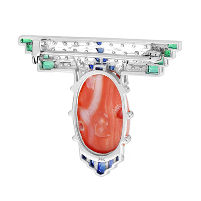 13.91 Ct. Coral Sapphire Emerald Diamond Art Deco Style White Gold Brooch