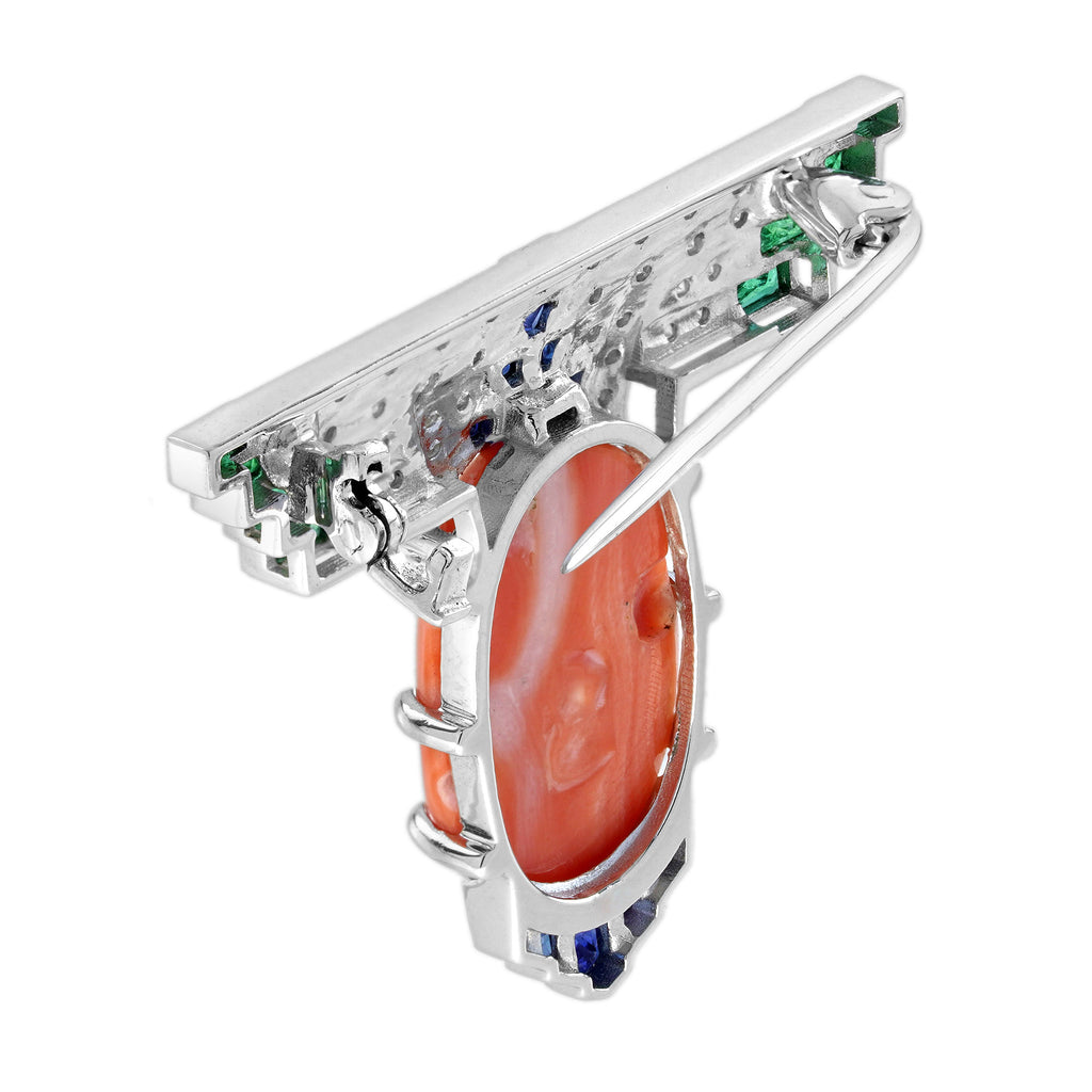 13.91 Ct. Coral Sapphire Emerald Diamond Art Deco Style White Gold Brooch